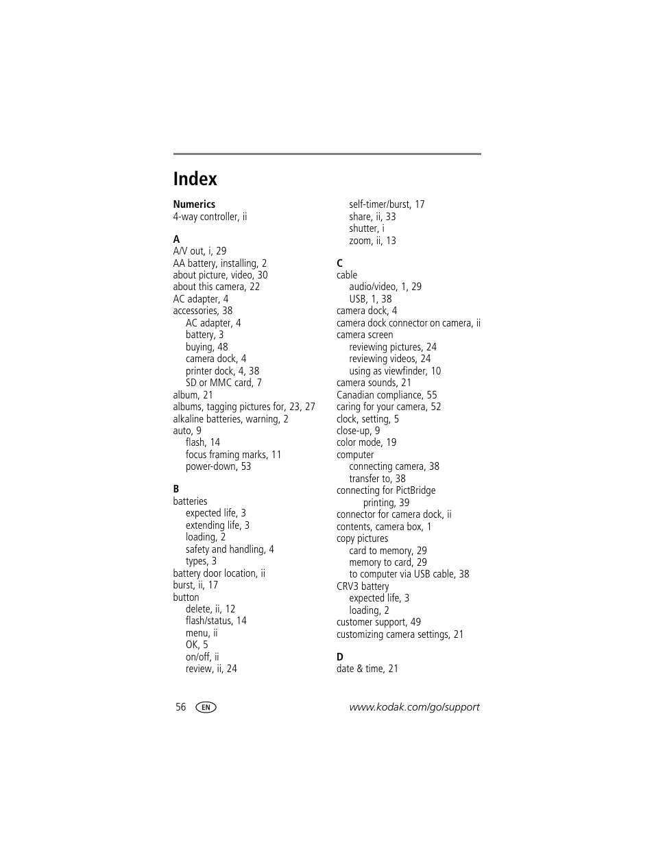 Index | Kodak CX7525 User Manual | Page 62 / 66