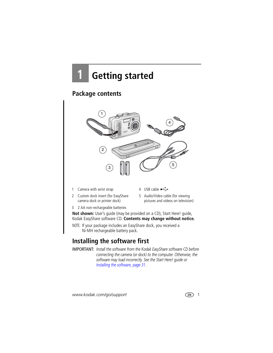 Getting started, Package contents, Installing the software first | 1 getting started, Package contents installing the software first | Kodak CX7525 User Manual | Page 7 / 66