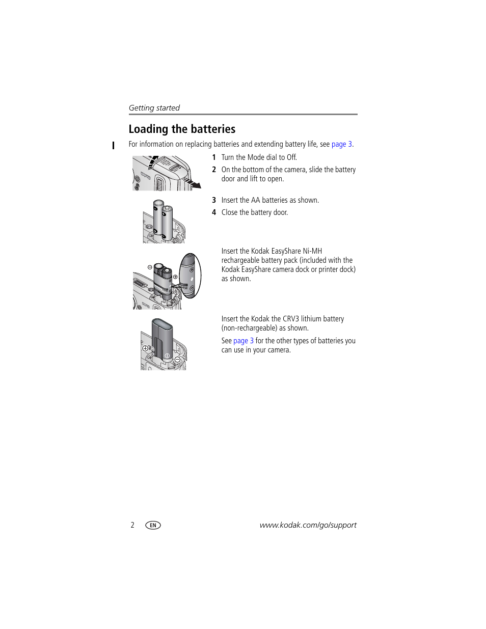 Loading the batteries | Kodak CX7525 User Manual | Page 8 / 66