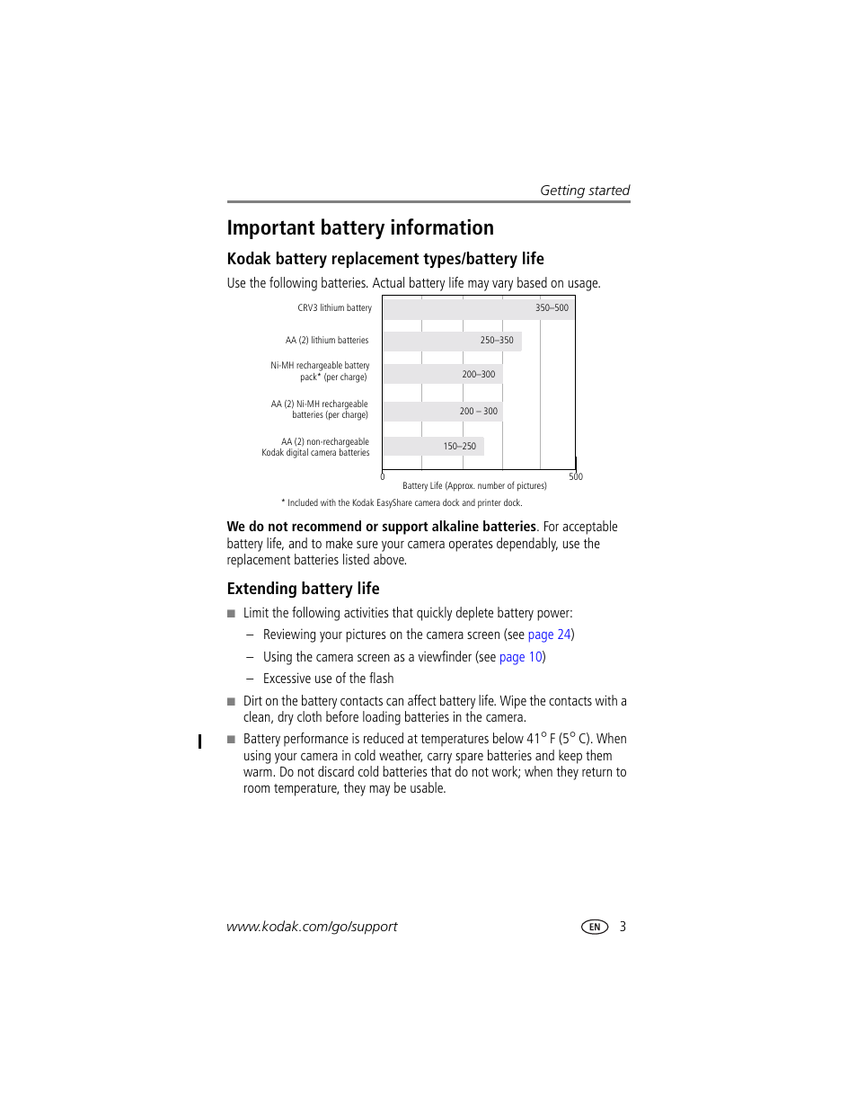 Important battery information, Kodak battery replacement types/battery life, Extending battery life | For the other | Kodak CX7525 User Manual | Page 9 / 66