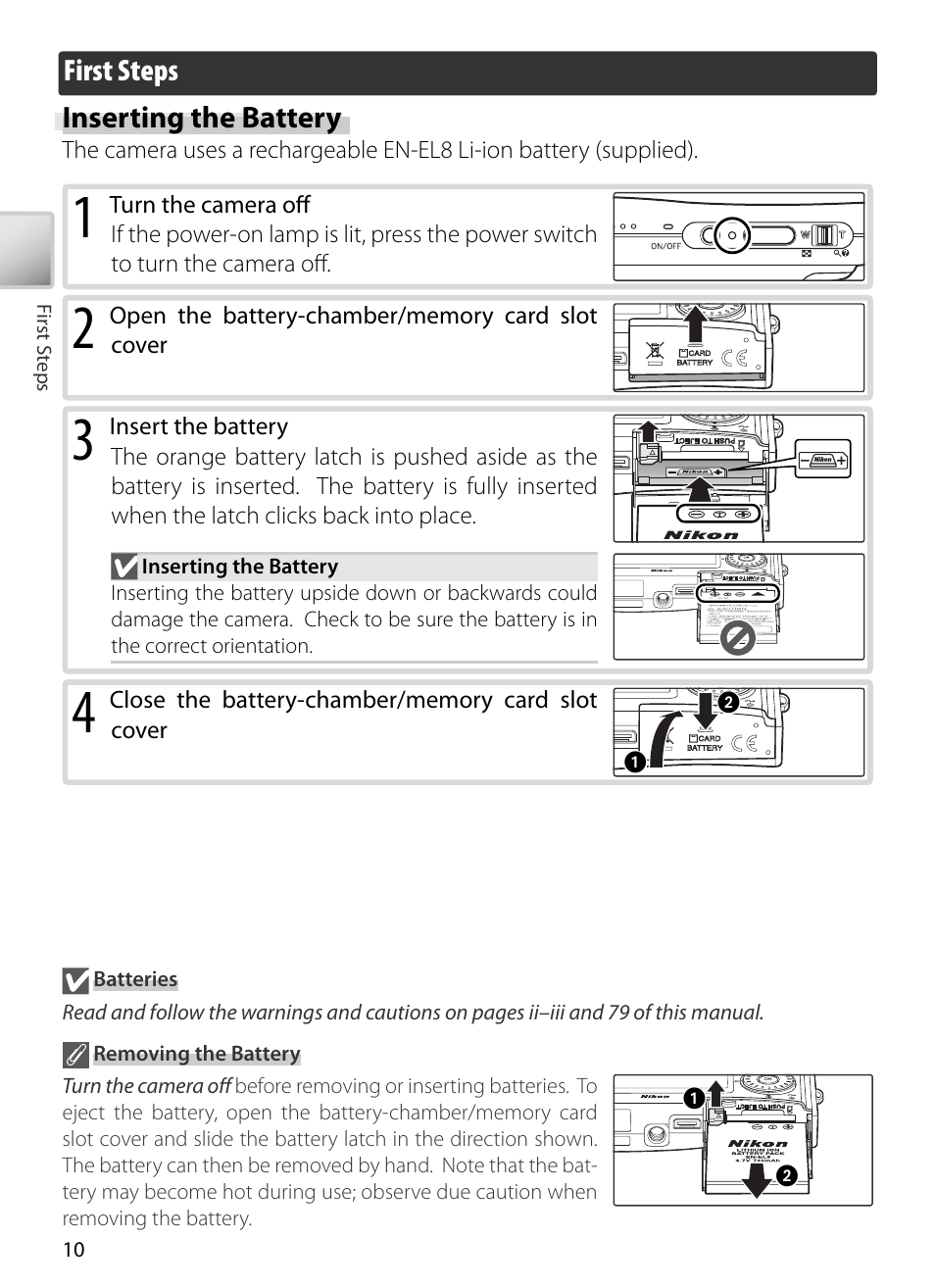First steps, Inserting the battery | Kodak COOLPIX S5 User Manual | Page 20 / 108