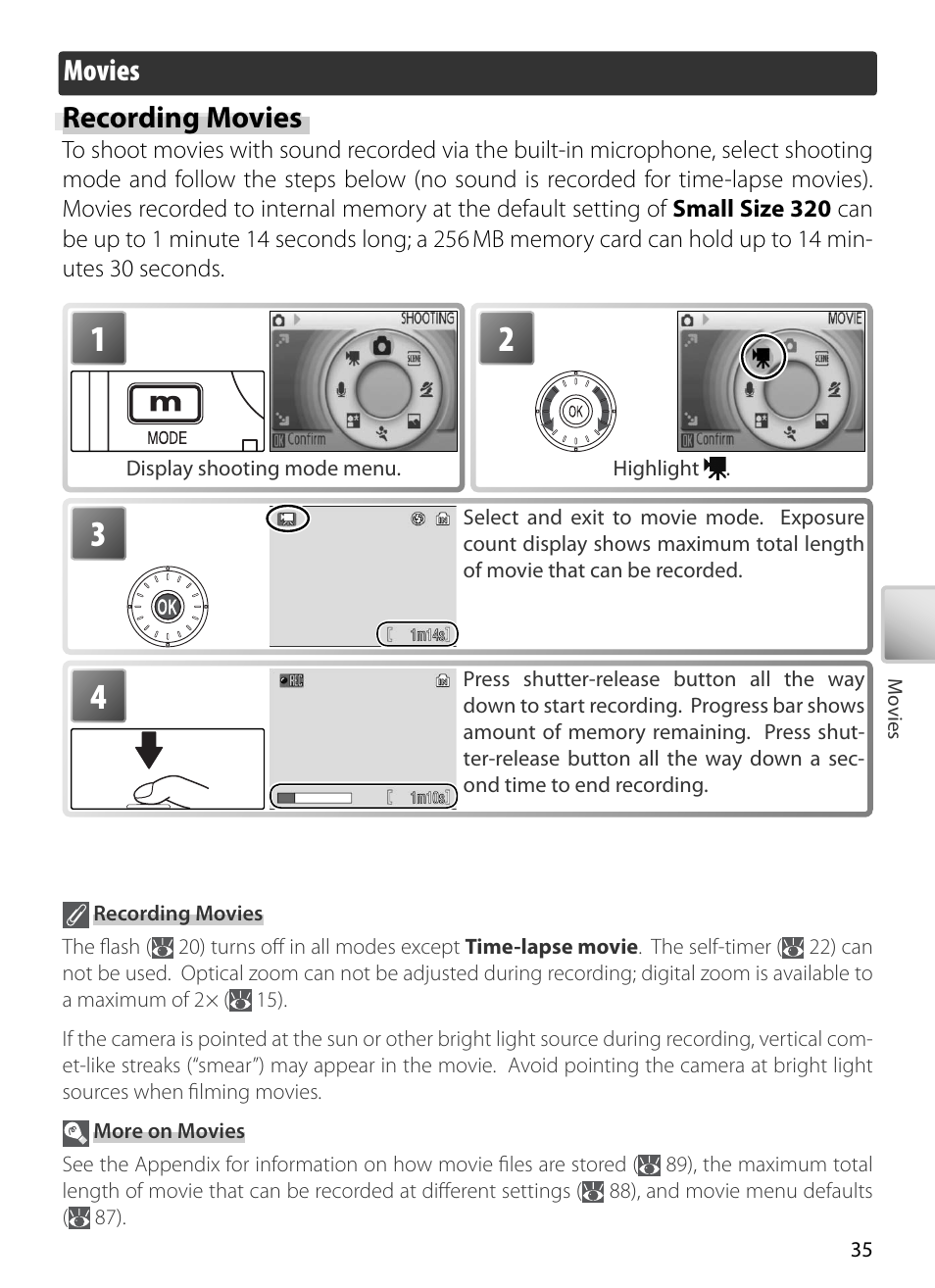 Movies, Recording movies, Movies recording movies | Kodak COOLPIX S5 User Manual | Page 45 / 108