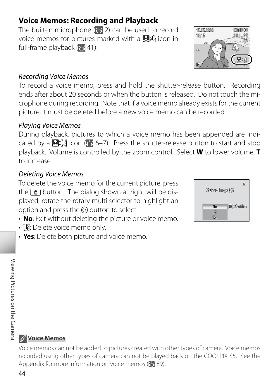 Voice memos: recording and playback | Kodak COOLPIX S5 User Manual | Page 54 / 108