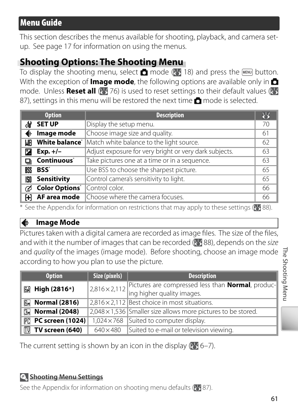 Menu guide, Shooting options: the shooting menu, Image mode | Kodak COOLPIX S5 User Manual | Page 71 / 108