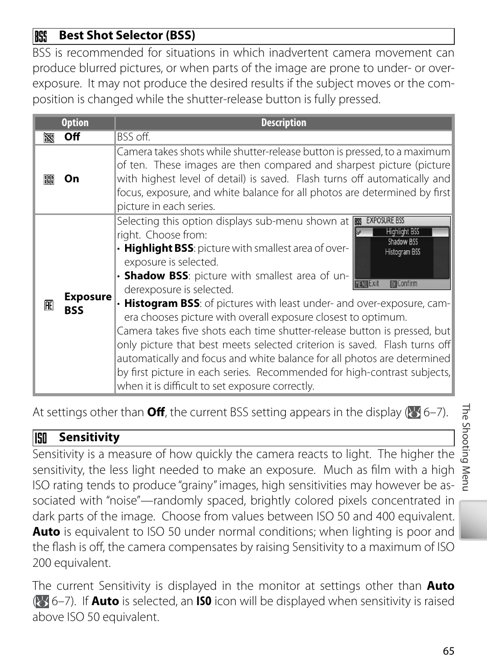 Best shot selector (bss), Sensitivity | Kodak COOLPIX S5 User Manual | Page 75 / 108