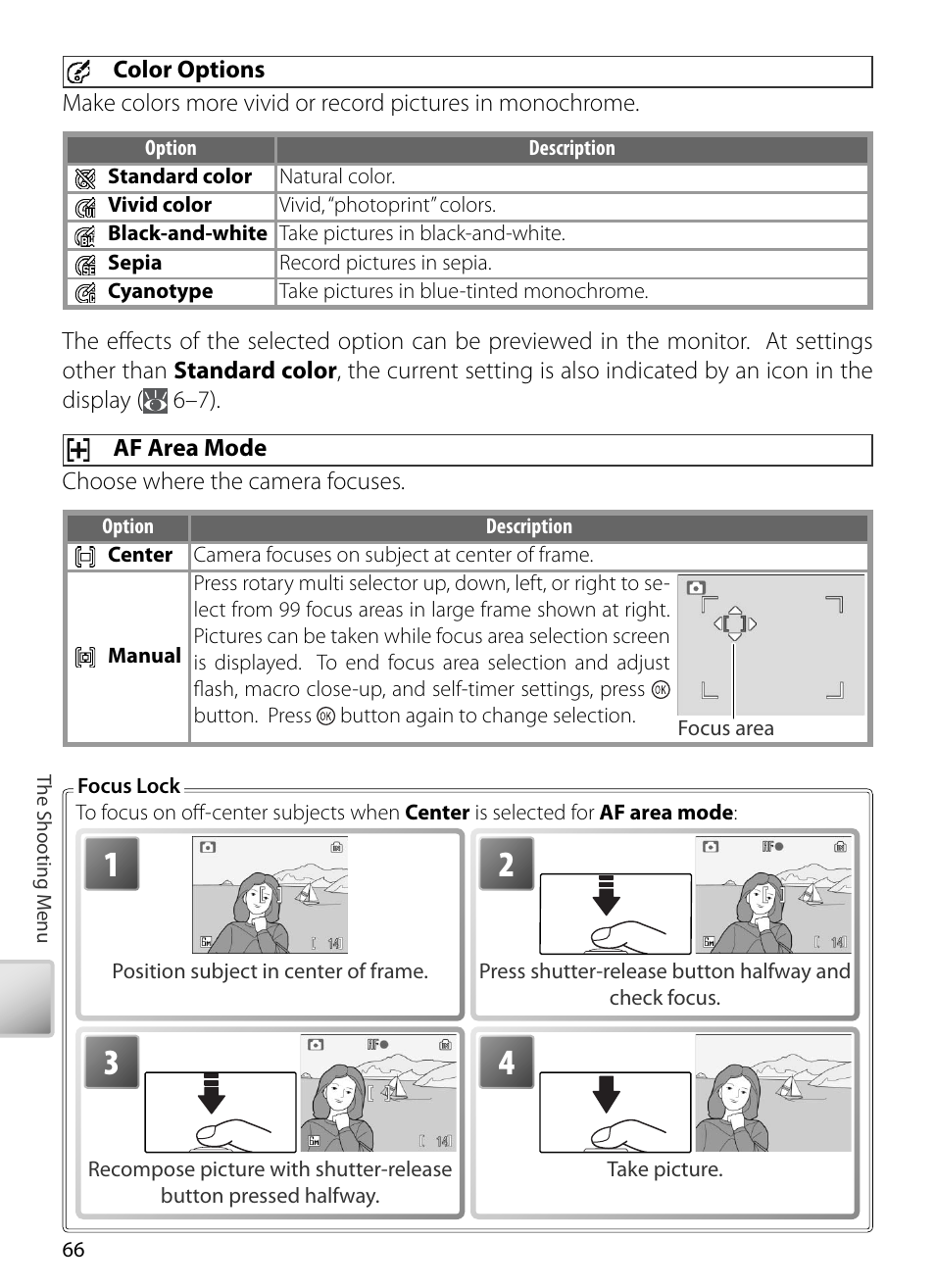 Color options, Af area mode | Kodak COOLPIX S5 User Manual | Page 76 / 108
