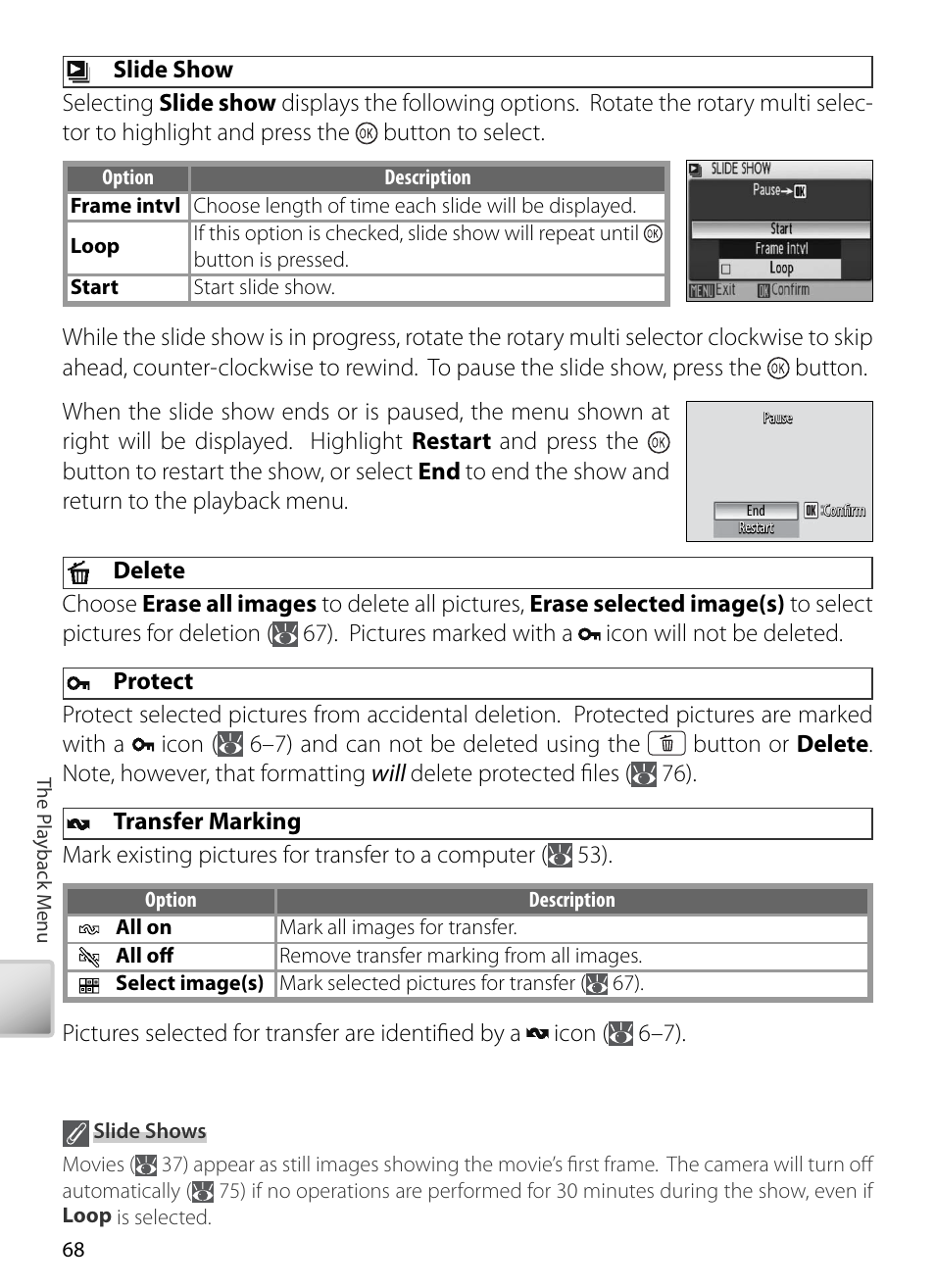 Slide show, Delete, Protect | Transfer marking | Kodak COOLPIX S5 User Manual | Page 78 / 108