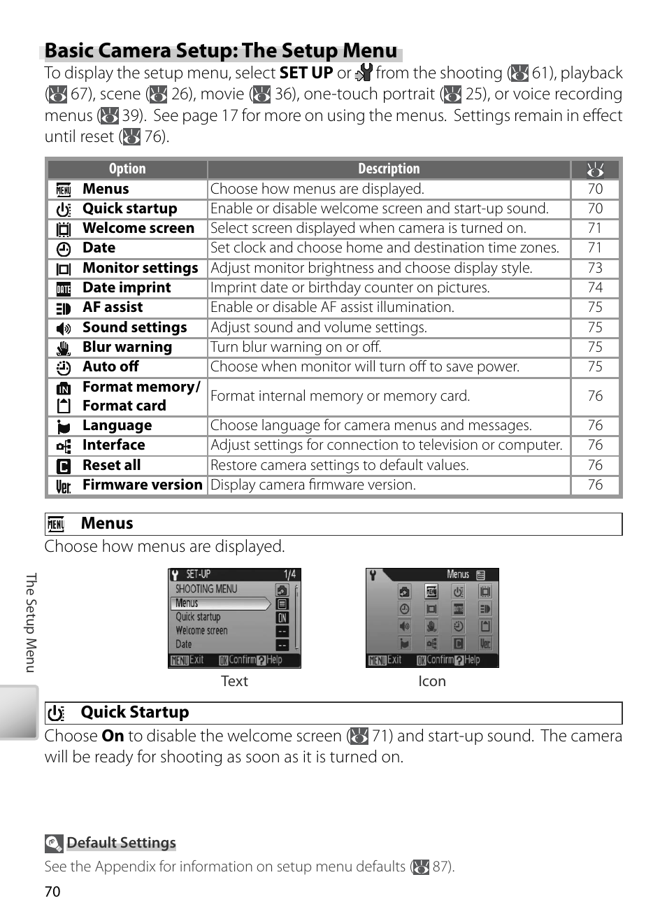 Basic camera setup: the setup menu, Menus, Quick startup | Kodak COOLPIX S5 User Manual | Page 80 / 108