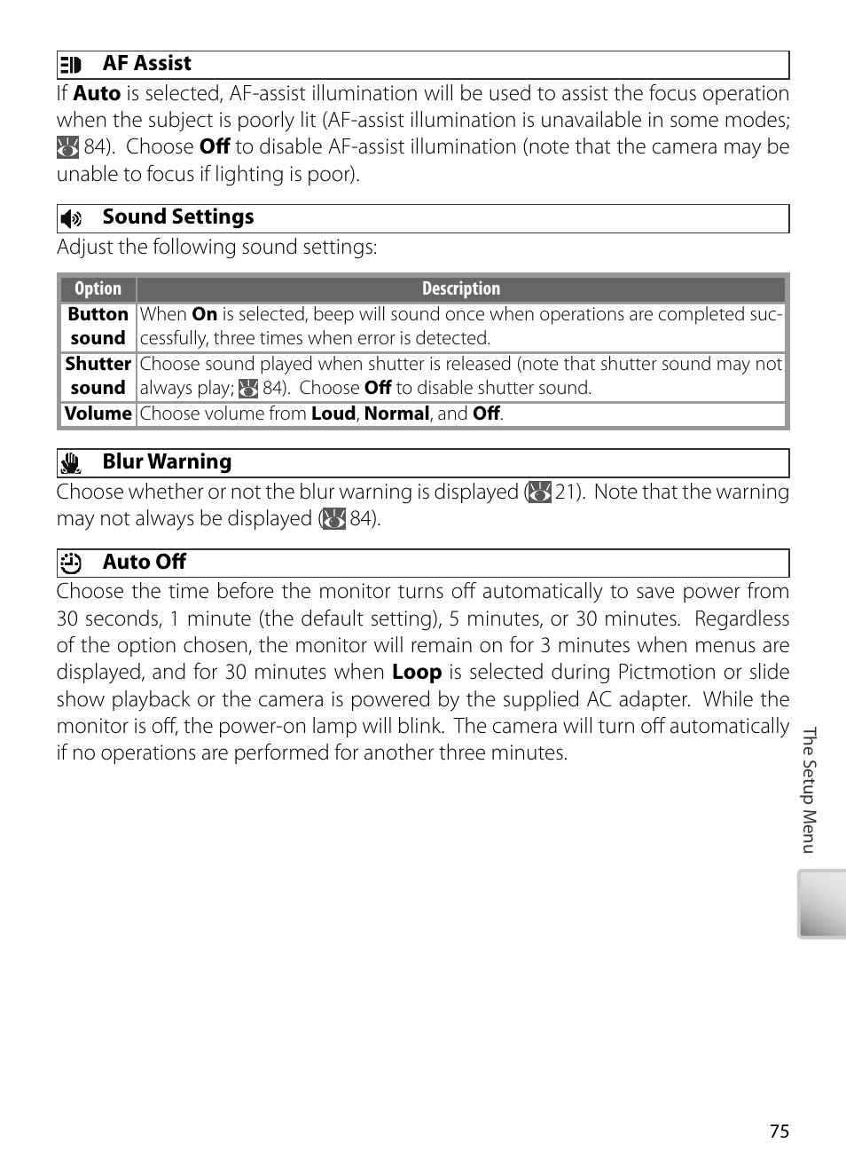 Af assist, Sound settings, Blur warning | Auto off | Kodak COOLPIX S5 User Manual | Page 85 / 108