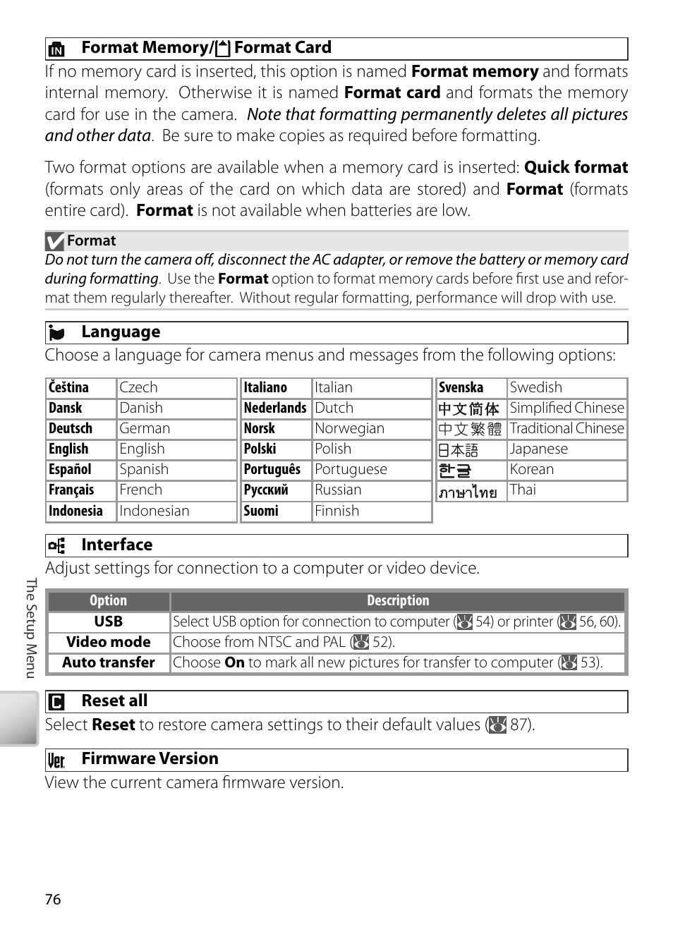 Format memory/ format card, Language, Interface | Reset all, Firmware version | Kodak COOLPIX S5 User Manual | Page 86 / 108