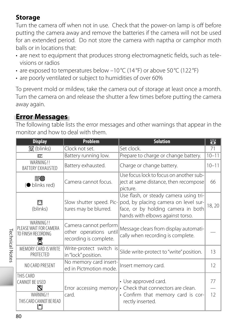 Error messages, Storage | Kodak COOLPIX S5 User Manual | Page 90 / 108