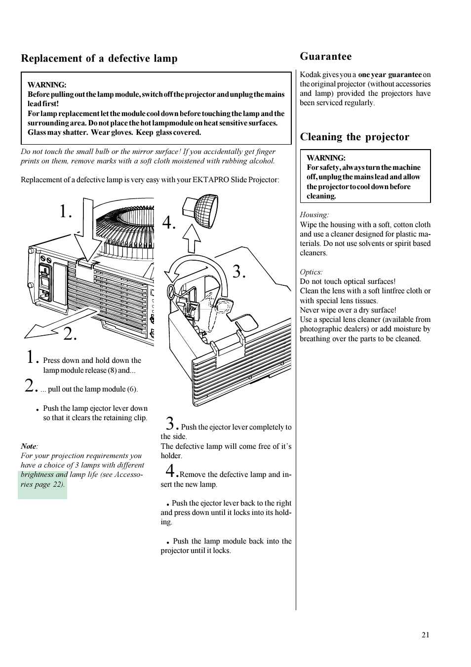 Replacement of a defective lamp, Guarantee, Cleaning the projector | Kodak EKTAPRO User Manual | Page 10 / 16