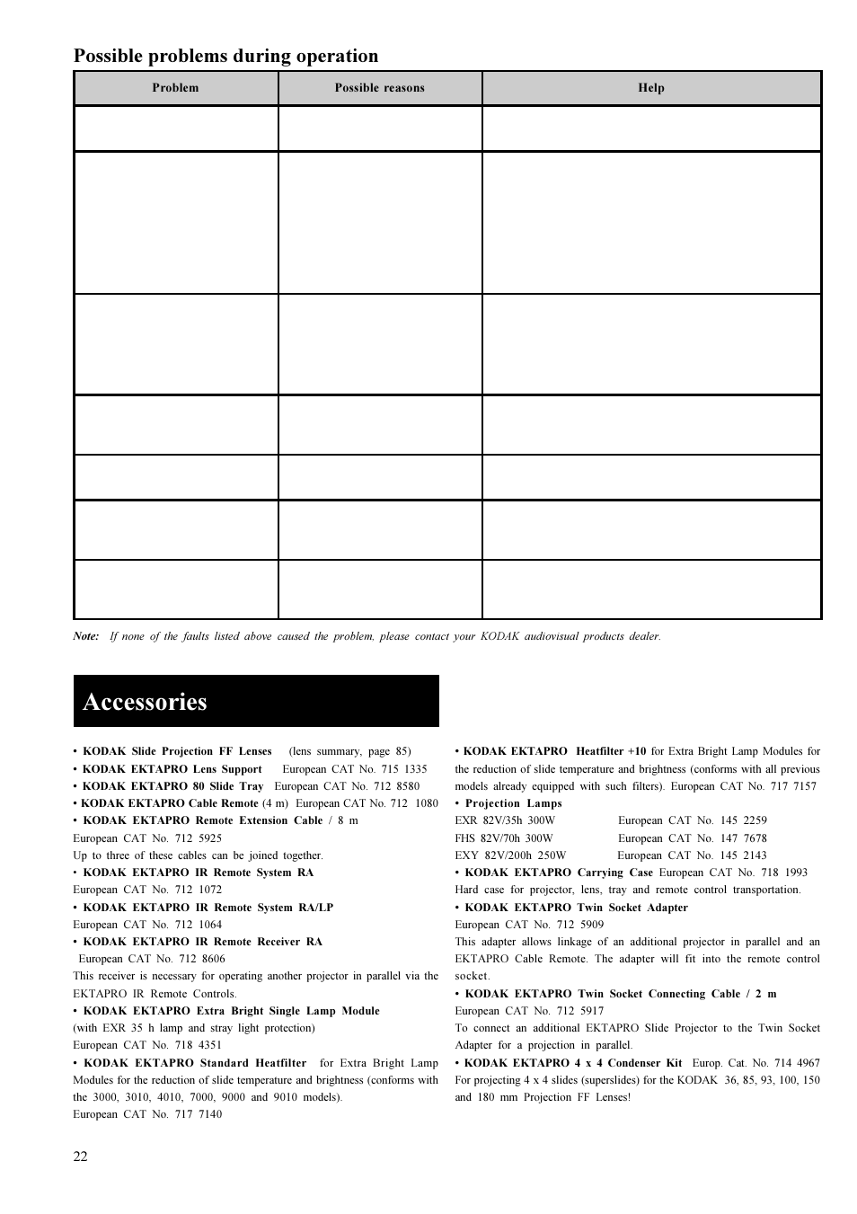 Possible problems during operation, Accessories | Kodak EKTAPRO User Manual | Page 11 / 16