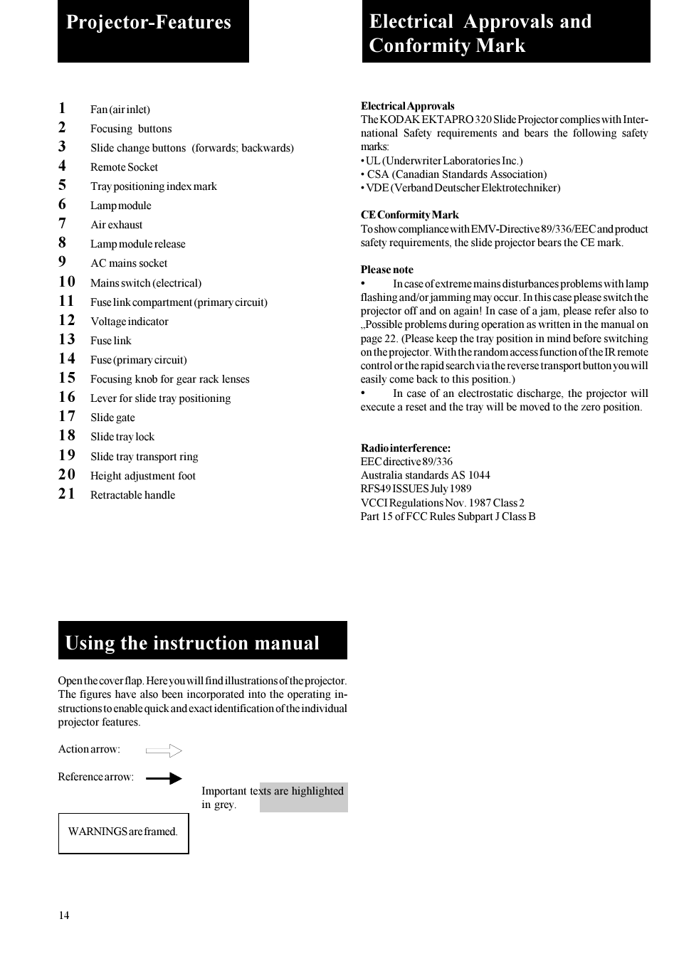 Projector-features, Electrical approvals and | Kodak EKTAPRO User Manual | Page 3 / 16