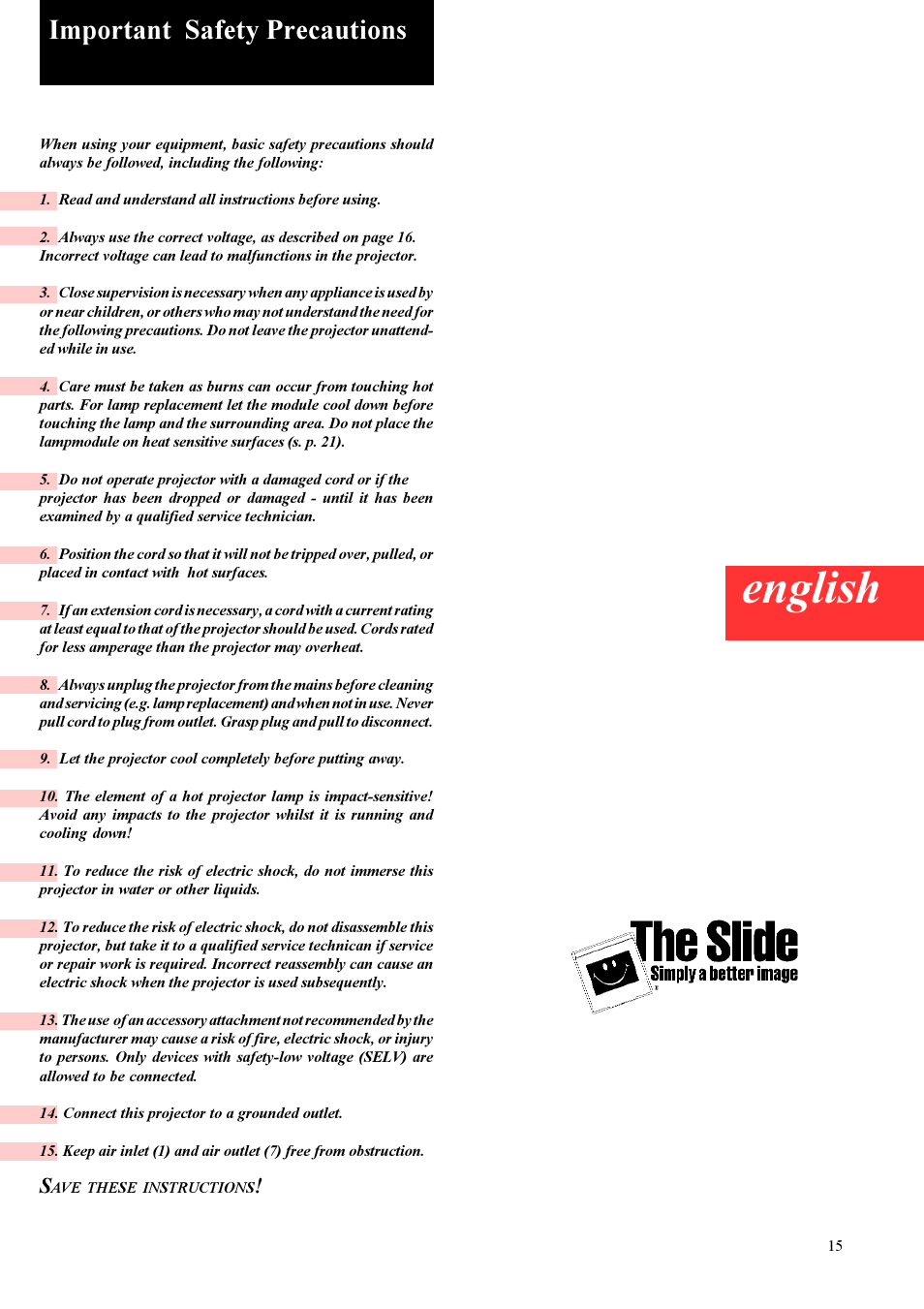 Important safety precautions, English | Kodak EKTAPRO User Manual | Page 4 / 16