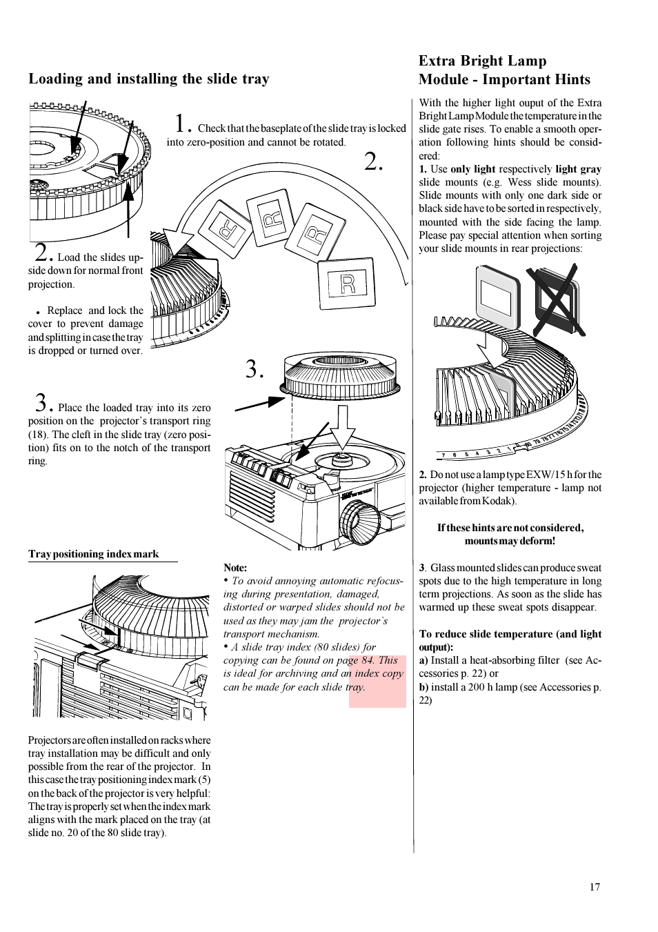 Loading and installing the slide tray, Extra bright lamp module - important hints | Kodak EKTAPRO User Manual | Page 6 / 16