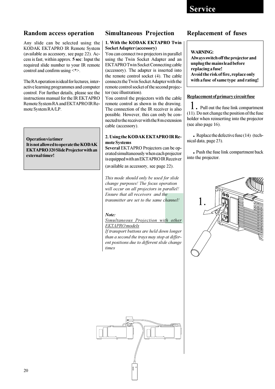 Random access operation, Simultaneous projection, Replacement of fuses | Service | Kodak EKTAPRO User Manual | Page 9 / 16