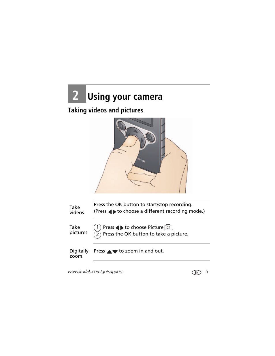 Using your camera, Taking videos and pictures, 2 using your camera | Kodak ZM2 User Manual | Page 11 / 25