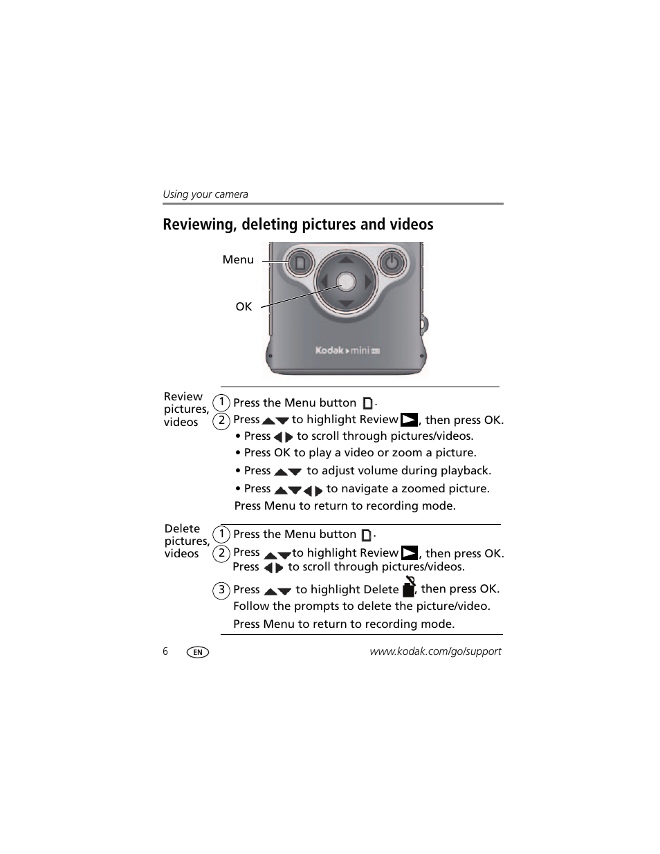 Reviewing, deleting pictures and videos | Kodak ZM2 User Manual | Page 12 / 25