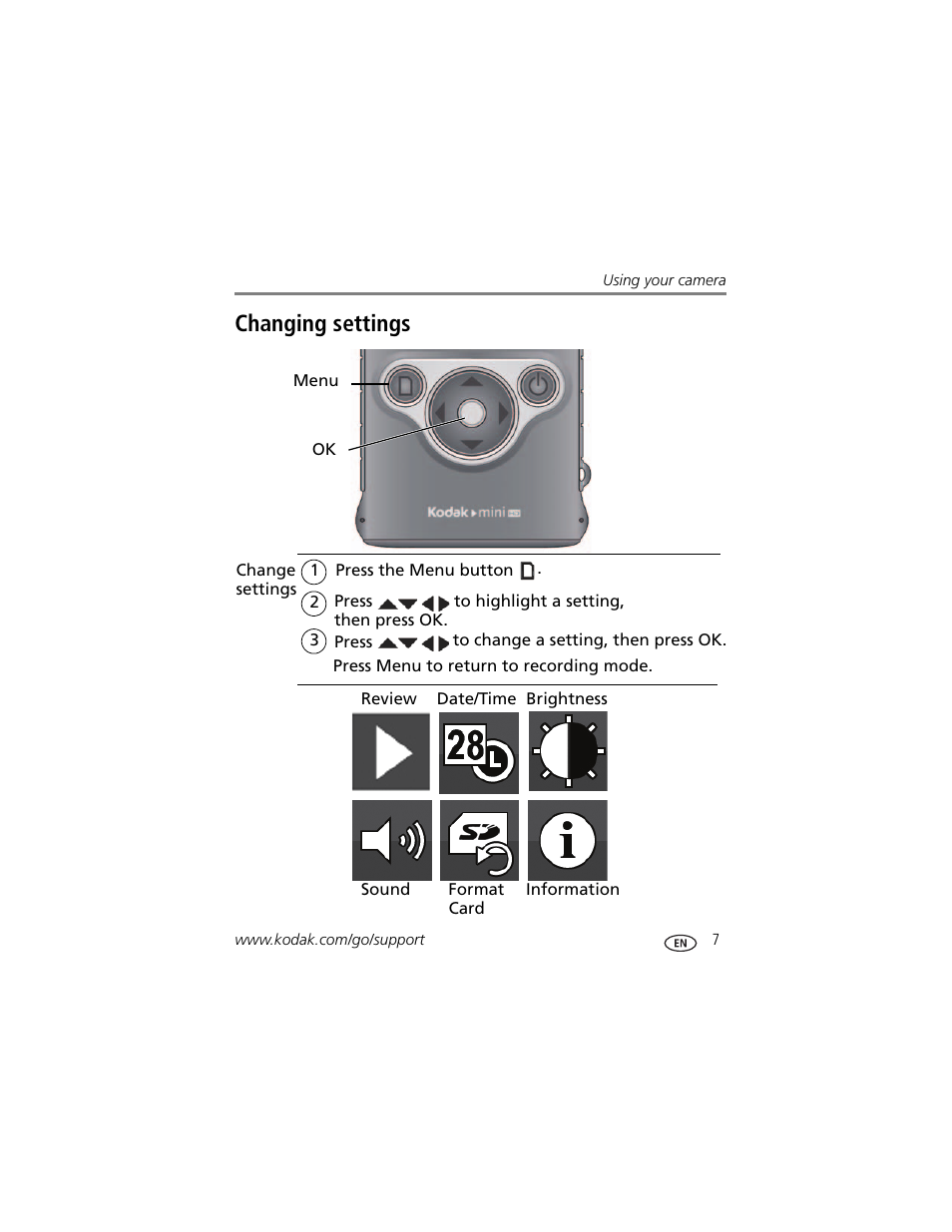 Changing settings | Kodak ZM2 User Manual | Page 13 / 25