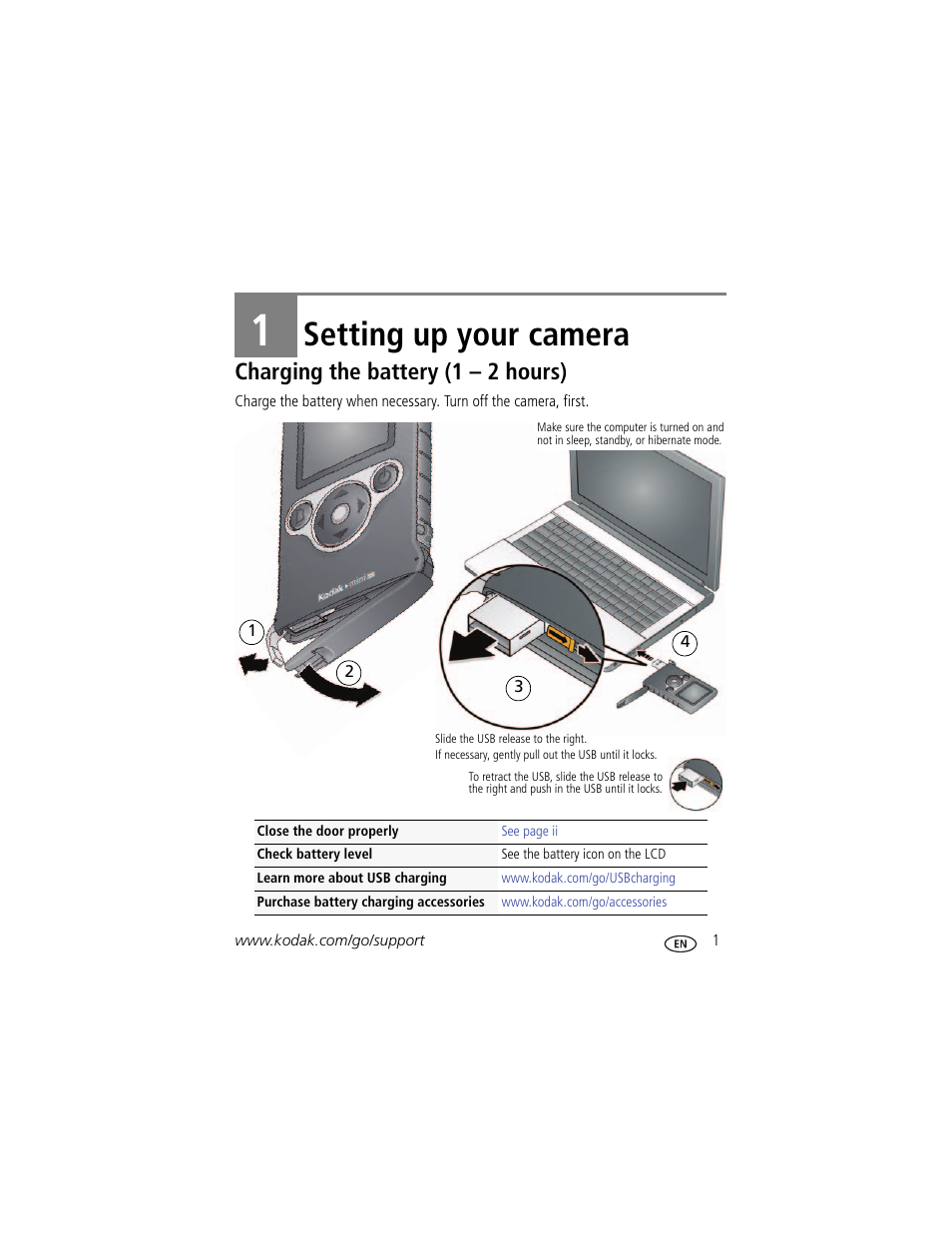 Setting up your camera, Charging the battery (1 – 2 hours), 1 setting up your camera | Kodak ZM2 User Manual | Page 7 / 25