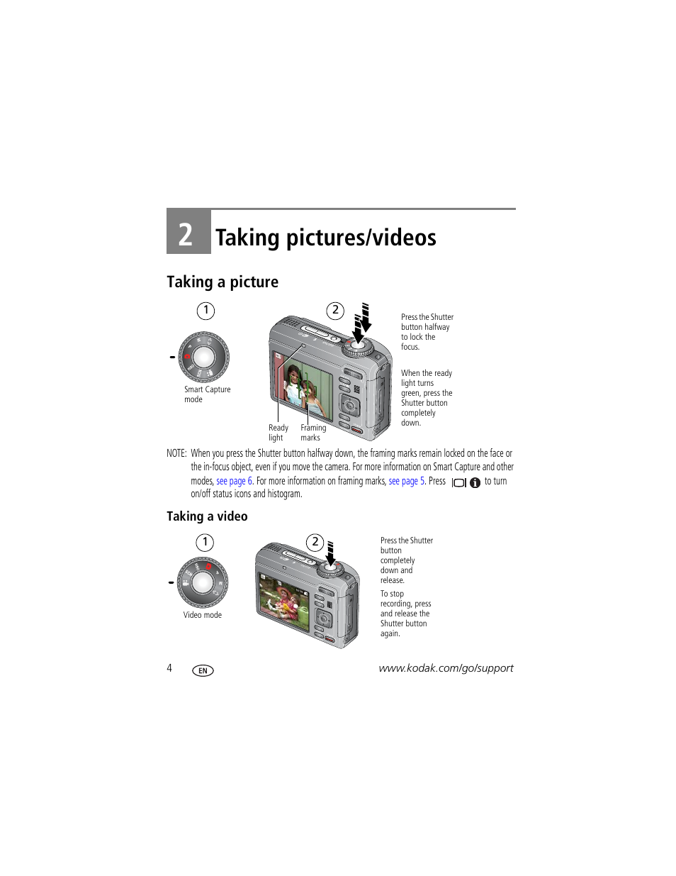 Taking pictures/videos, Taking a picture, Taking a video | 2 taking pictures/videos | Kodak Z1485 IS User Manual | Page 10 / 78