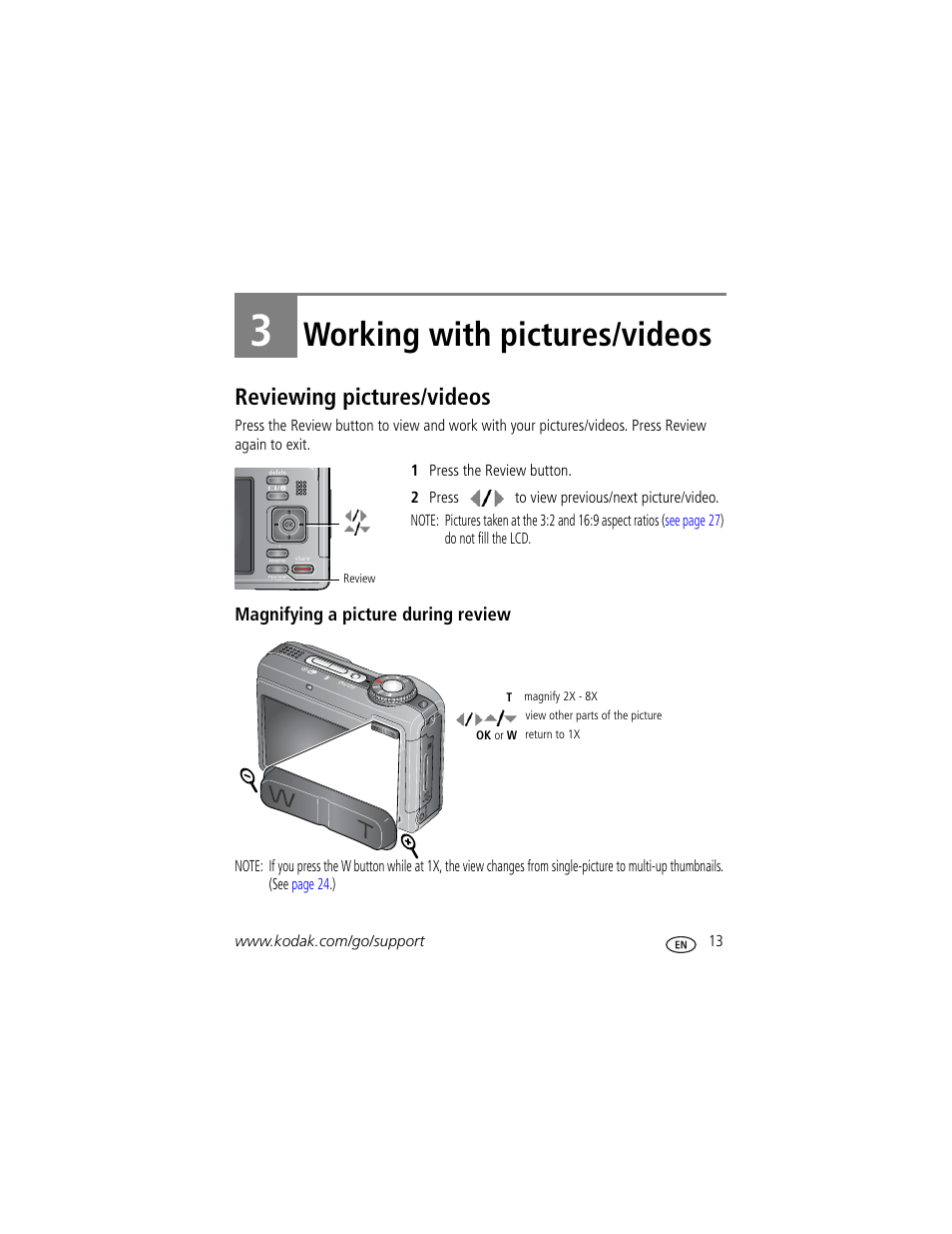 Working with pictures/videos, Reviewing pictures/videos, Magnifying a picture during review | 3 working with pictures/videos | Kodak Z1485 IS User Manual | Page 19 / 78