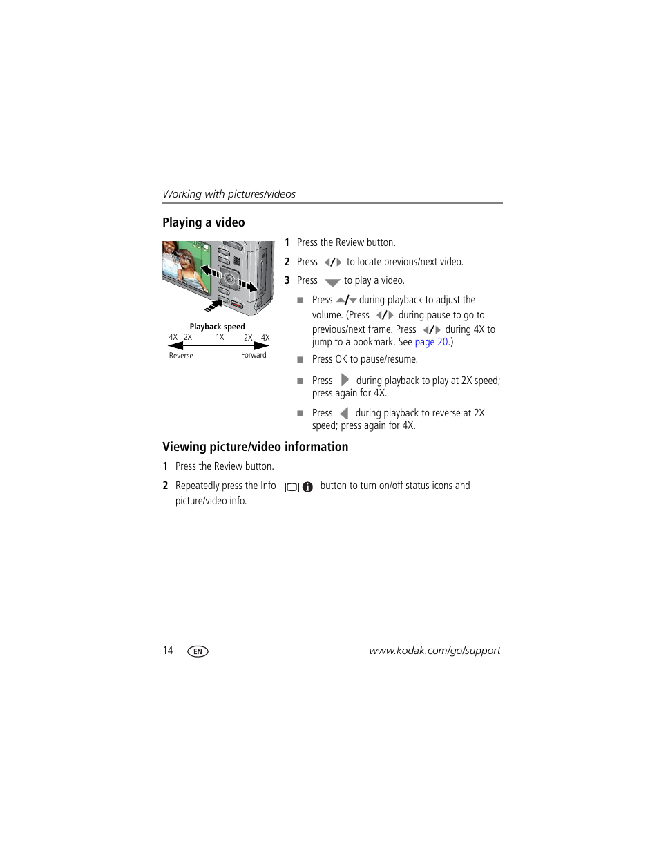 Playing a video, Viewing picture/video information | Kodak Z1485 IS User Manual | Page 20 / 78