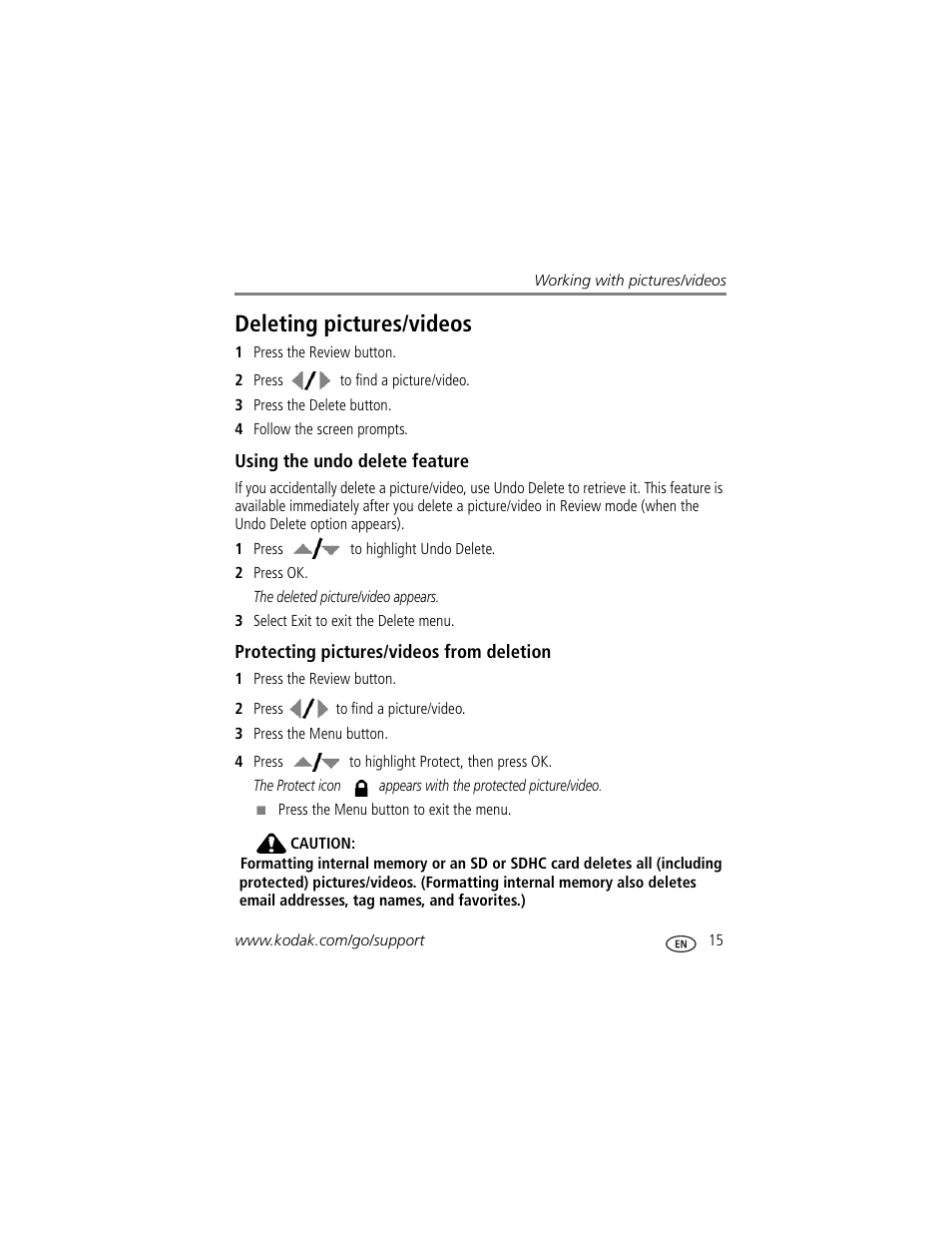 Deleting pictures/videos, Using the undo delete feature, Protecting pictures/videos from deletion | Kodak Z1485 IS User Manual | Page 21 / 78