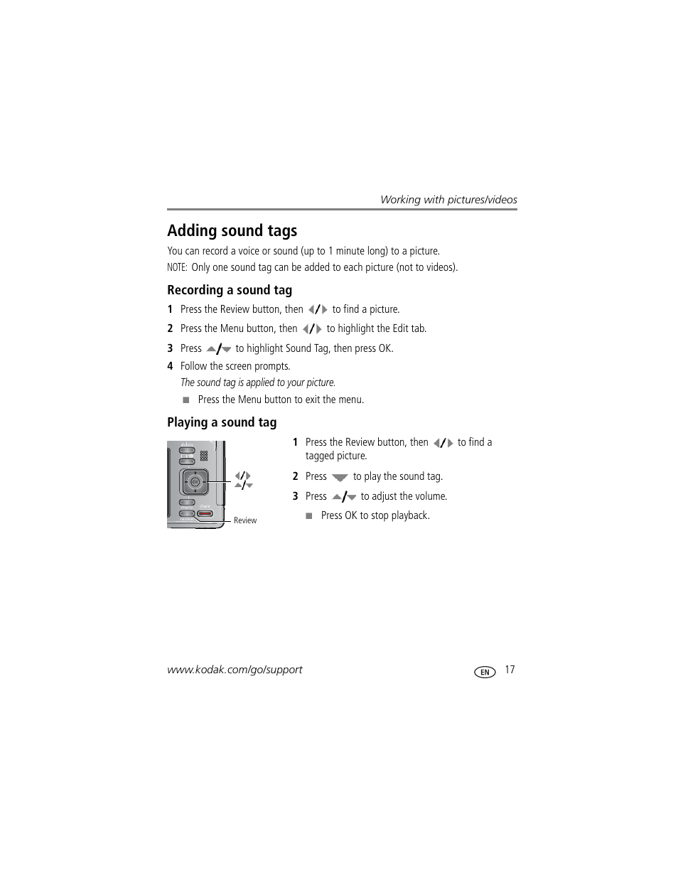 Adding sound tags, Recording a sound tag, Playing a sound tag | Kodak Z1485 IS User Manual | Page 23 / 78