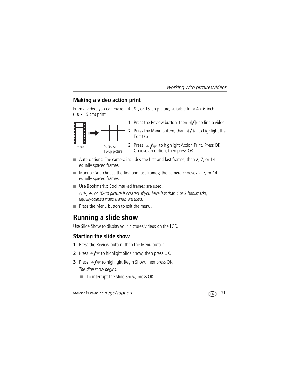 Making a video action print, Running a slide show, Starting the slide show | Kodak Z1485 IS User Manual | Page 27 / 78