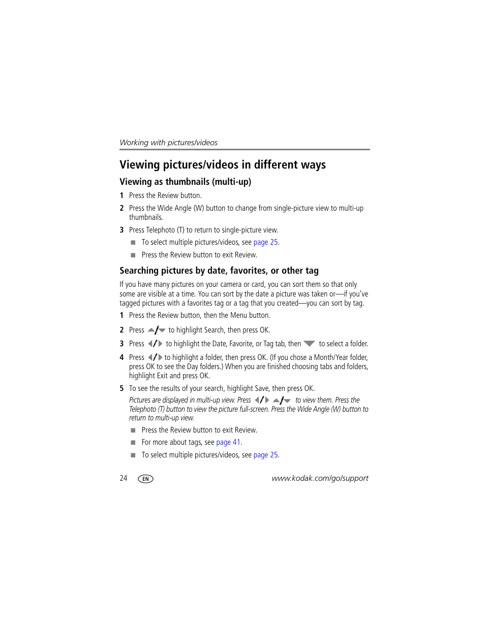 Viewing pictures/videos in different ways, Viewing as thumbnails (multi-up) | Kodak Z1485 IS User Manual | Page 30 / 78