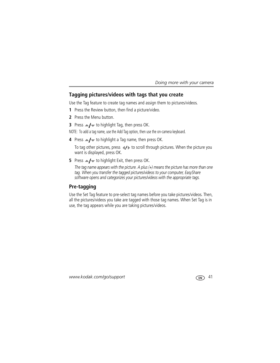 Tagging pictures/videos with tags that you create, Pre-tagging | Kodak Z1485 IS User Manual | Page 47 / 78