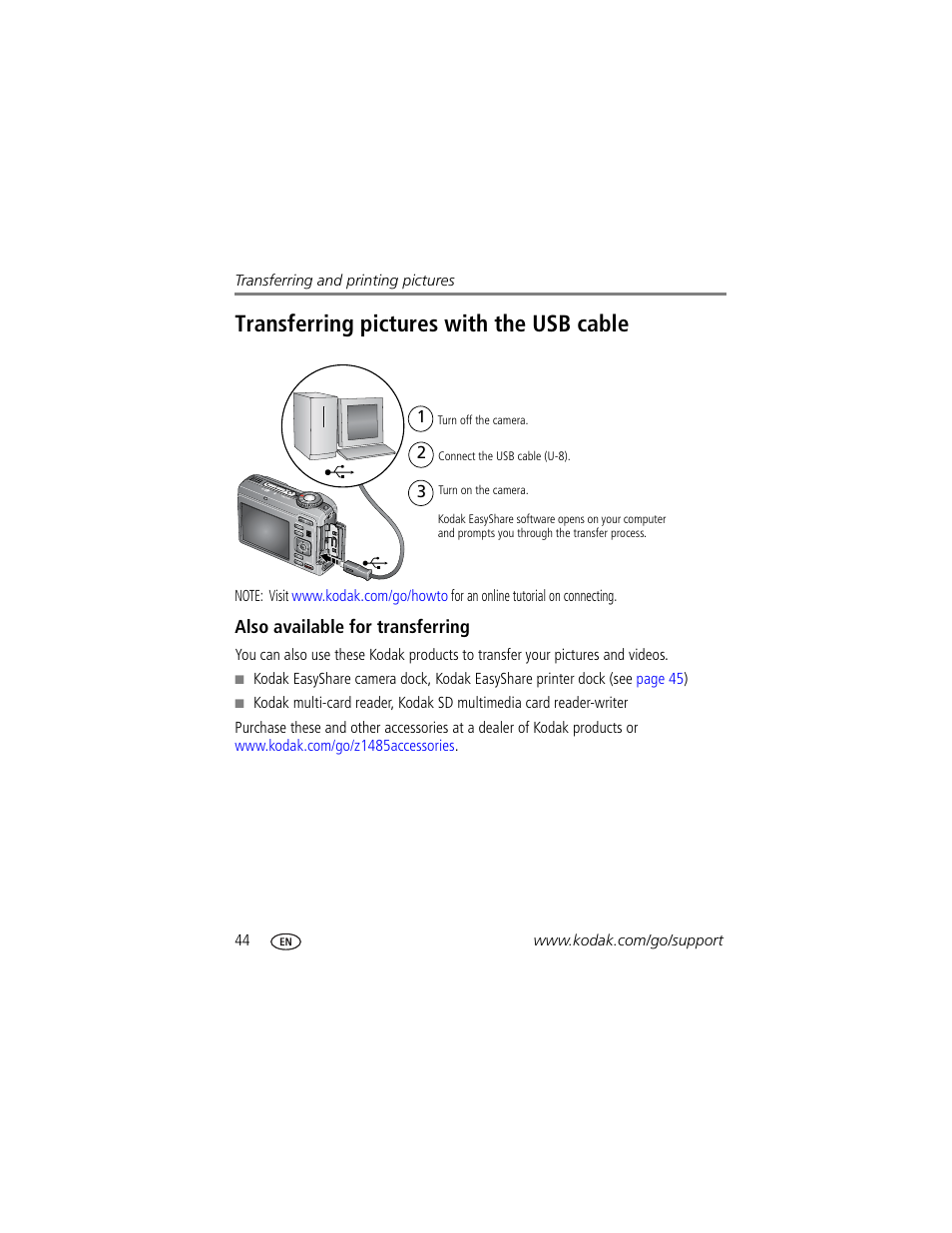 Transferring pictures with the usb cable, Also available for transferring | Kodak Z1485 IS User Manual | Page 50 / 78