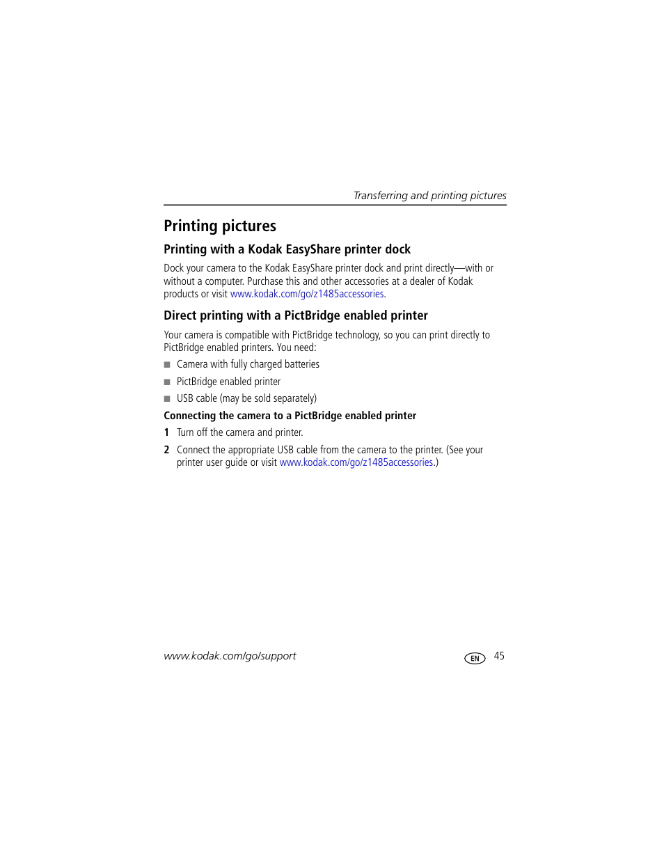 Printing pictures, Printing with a kodak easyshare printer dock, Direct printing with a pictbridge enabled printer | Kodak Z1485 IS User Manual | Page 51 / 78