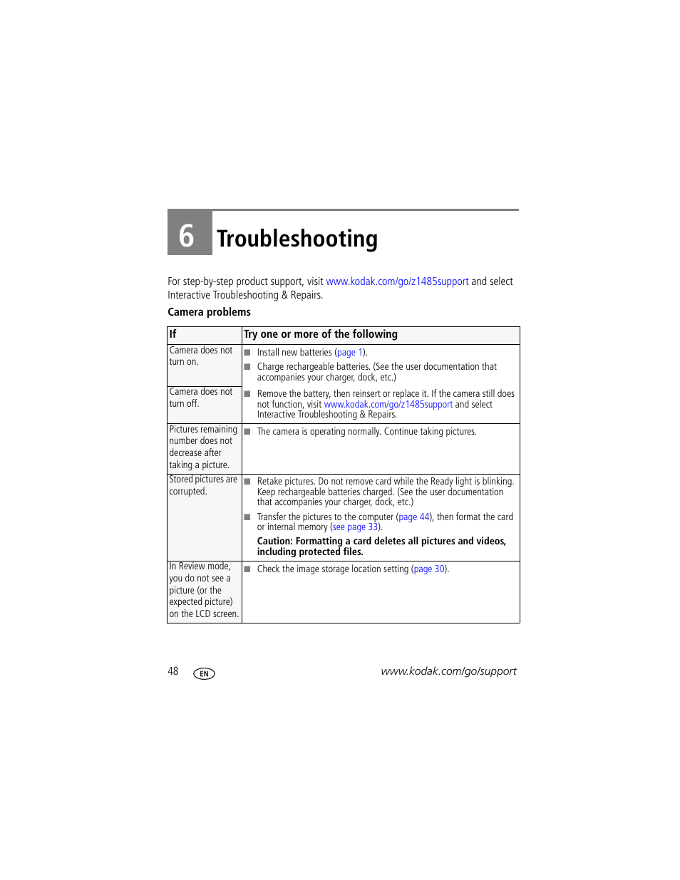 Troubleshooting, 6 troubleshooting | Kodak Z1485 IS User Manual | Page 54 / 78