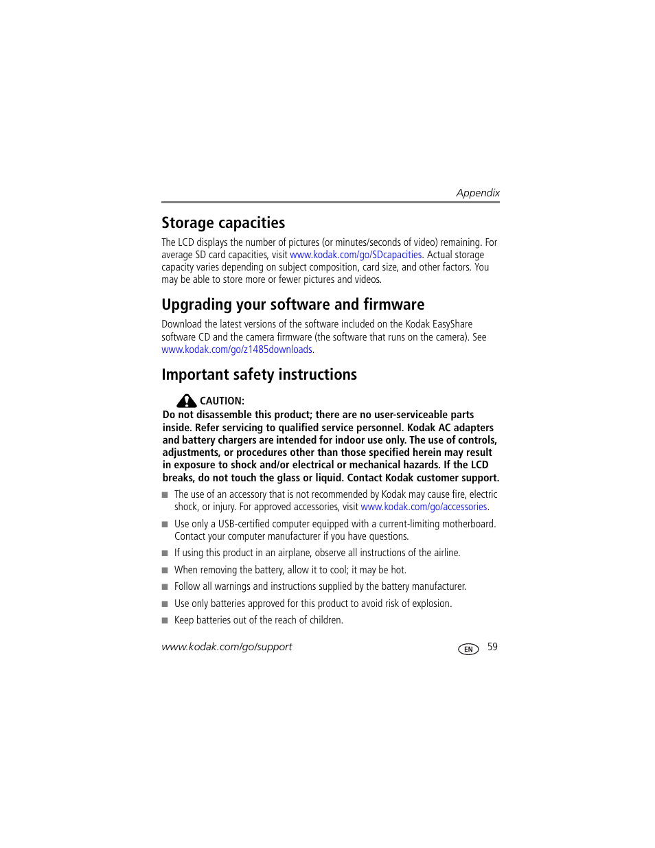 Storage capacities, Upgrading your software and firmware, Important safety instructions | Kodak Z1485 IS User Manual | Page 65 / 78