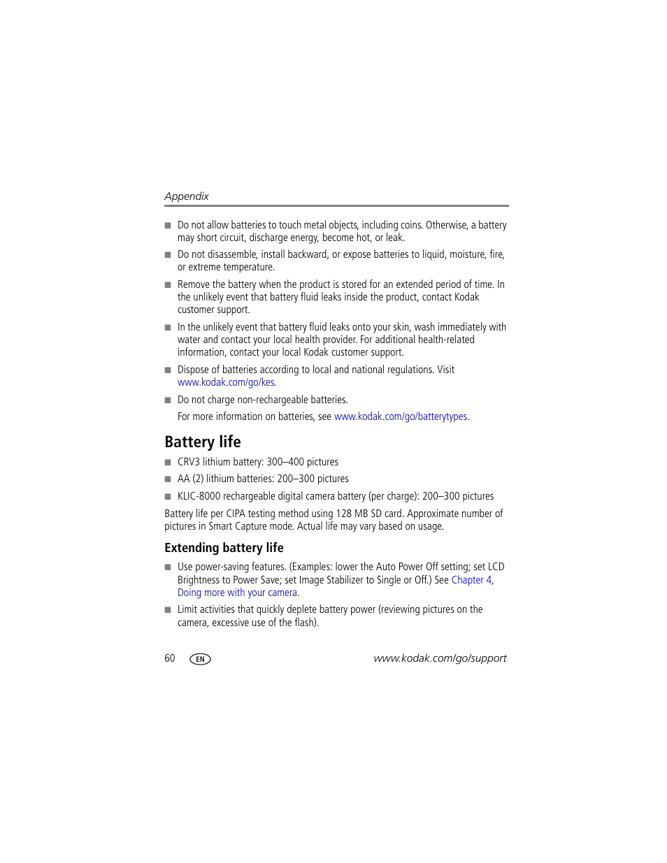 Battery life, Extending battery life | Kodak Z1485 IS User Manual | Page 66 / 78