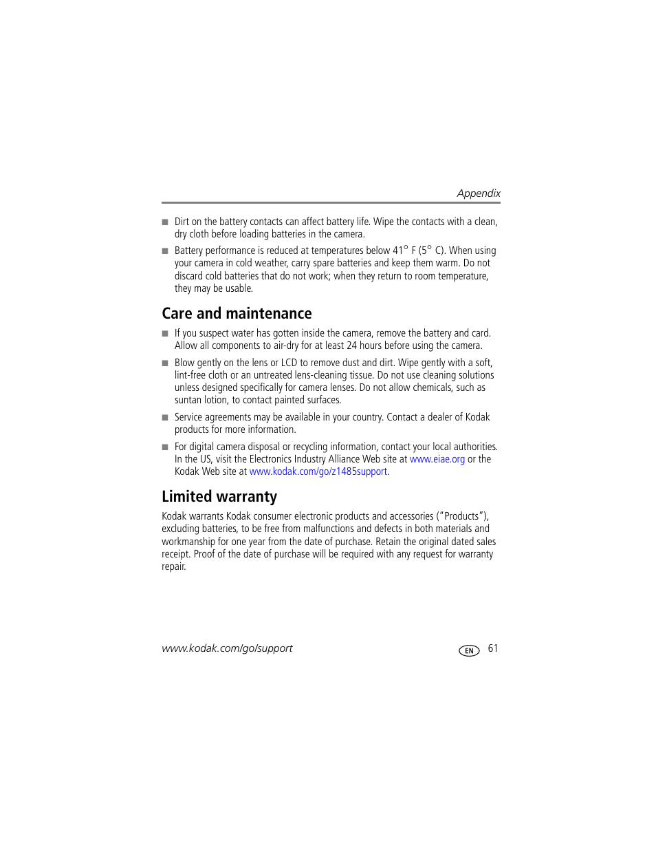 Care and maintenance, Limited warranty, Care and maintenance limited warranty | E lens | Kodak Z1485 IS User Manual | Page 67 / 78