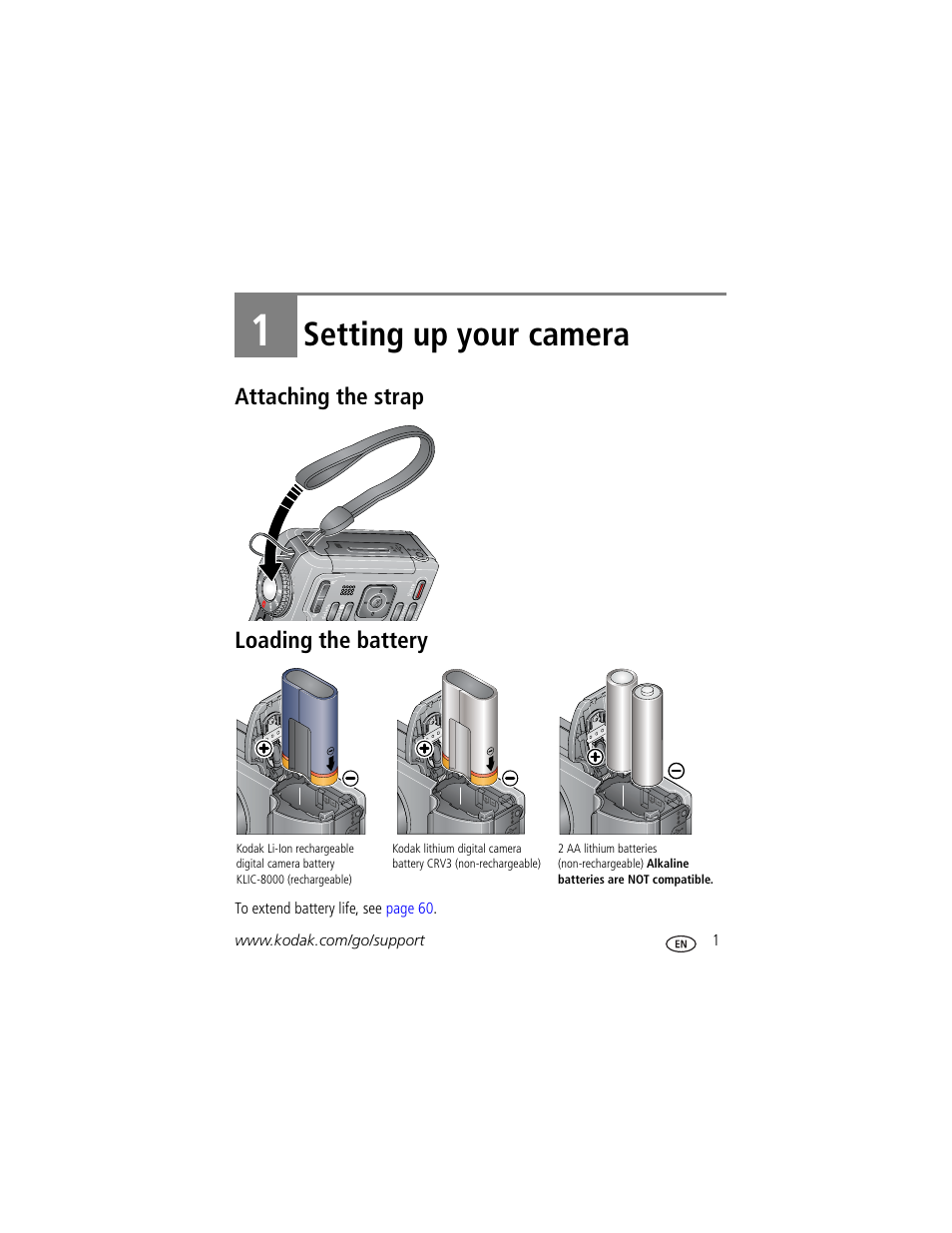 Setting up your camera, Attaching the strap, Loading the battery | 1 setting up your camera, Attaching the strap loading the battery | Kodak Z1485 IS User Manual | Page 7 / 78