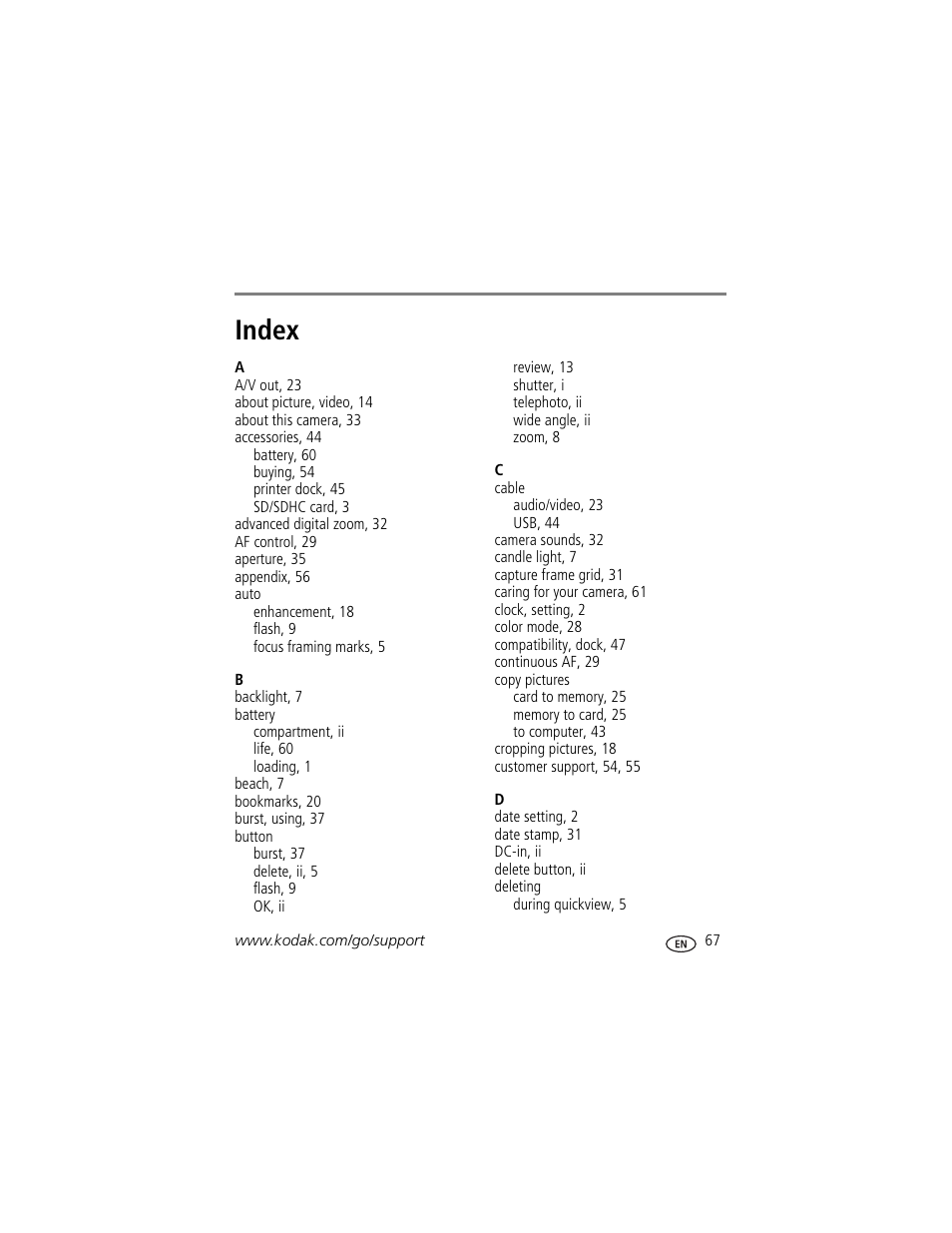 Index | Kodak Z1485 IS User Manual | Page 73 / 78