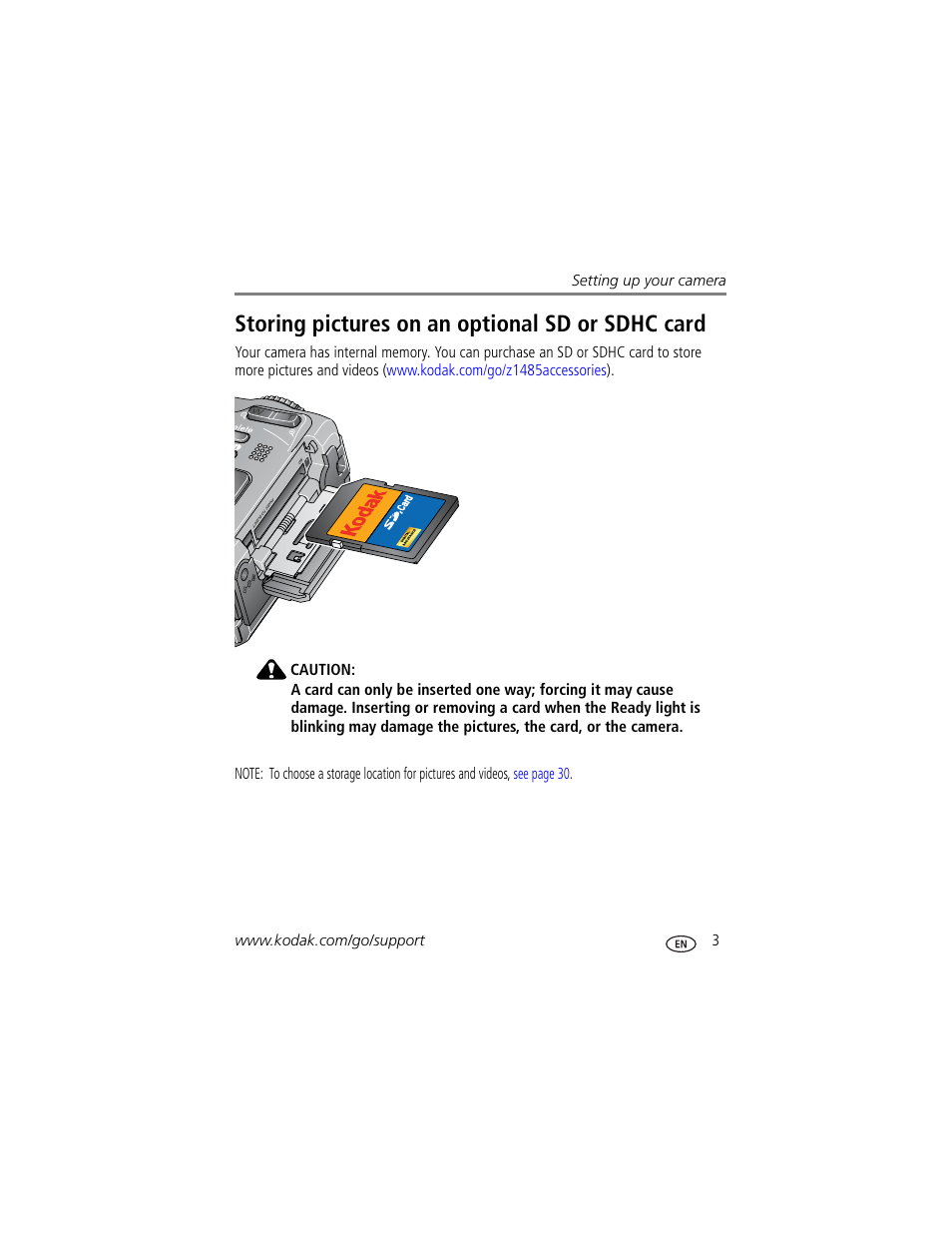 Storing pictures on an optional sd or sdhc card | Kodak Z1485 IS User Manual | Page 9 / 78