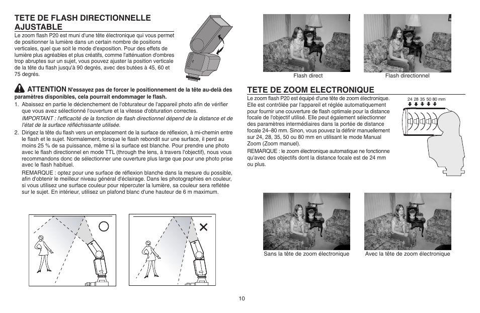 Tete de flash directionnelle ajustable, Tete de zoom electronique | Kodak P20 User Manual | Page 10 / 52