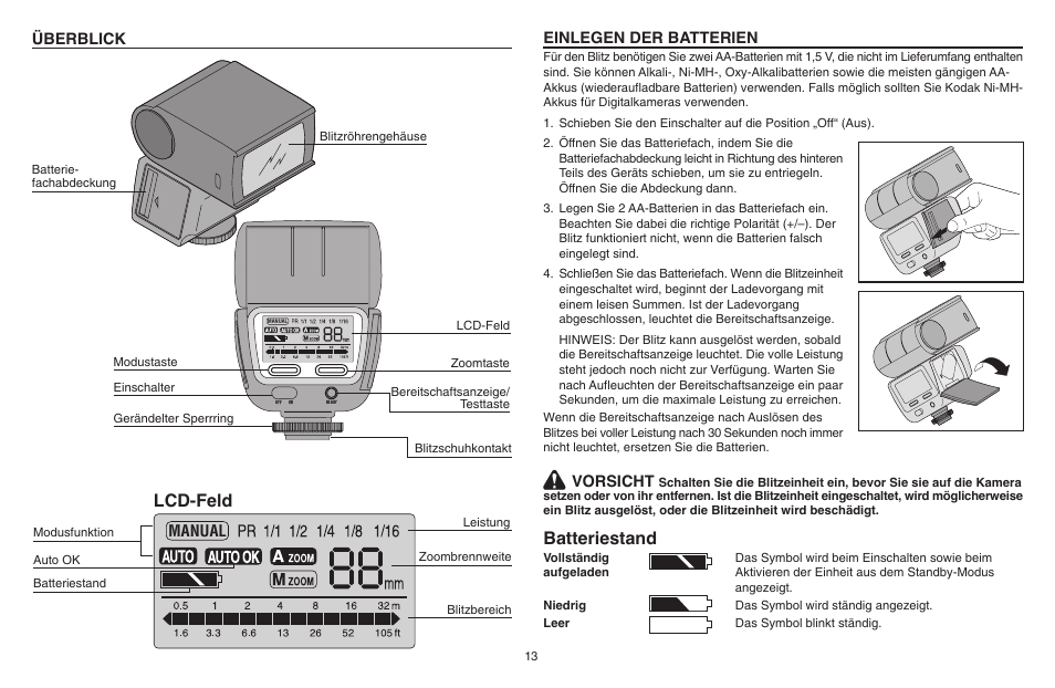 Lcd-feld, Batteriestand, Überblick manual | Einlegen der batterien, Vorsicht | Kodak P20 User Manual | Page 13 / 52