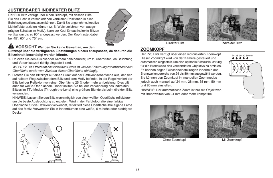 Justierbarer indirekter blitz, Vorsicht, Zoomkopf | Kodak P20 User Manual | Page 15 / 52