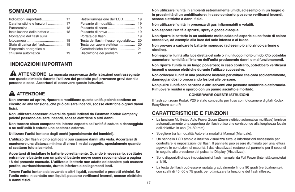 Sommario indicazioni importanti, Caratteristiche e funzioni | Kodak P20 User Manual | Page 17 / 52