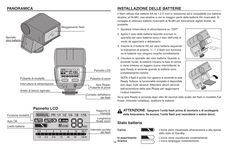 Panoramica, Pannello lcd, Installazione delle batterie | Stato batteria | Kodak P20 User Manual | Page 18 / 52