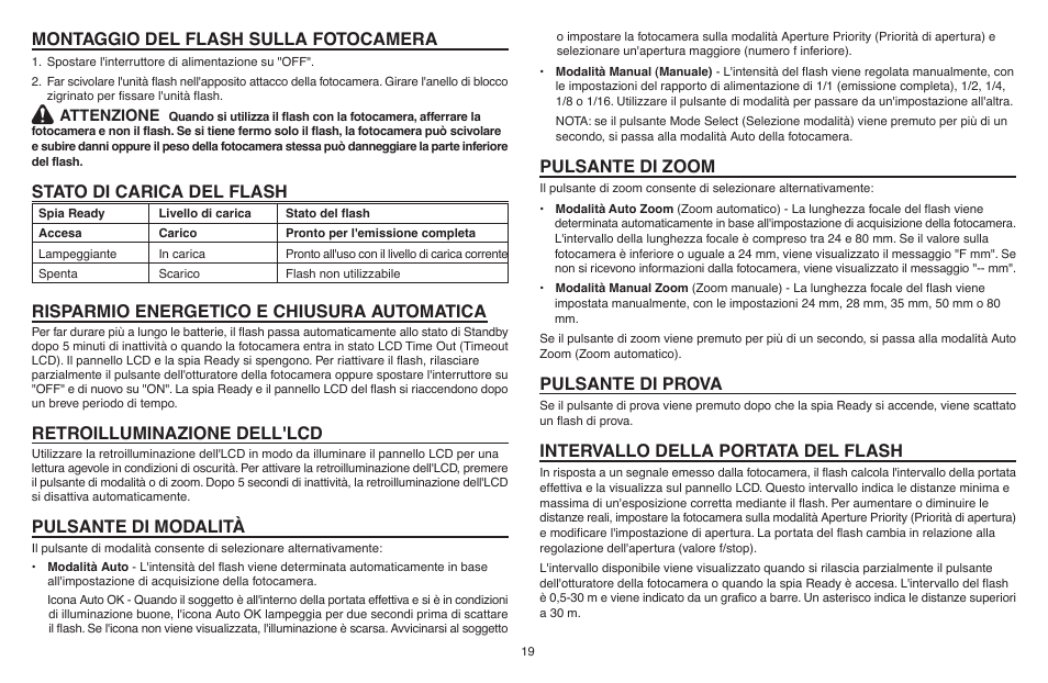 Montaggio del flash sulla fotocamera, Stato di carica del flash, Risparmio energetico e chiusura automatica | Retroilluminazione dell'lcd, Pulsante di modalità, Pulsante di zoom, Pulsante di prova, Intervallo della portata del flash | Kodak P20 User Manual | Page 19 / 52