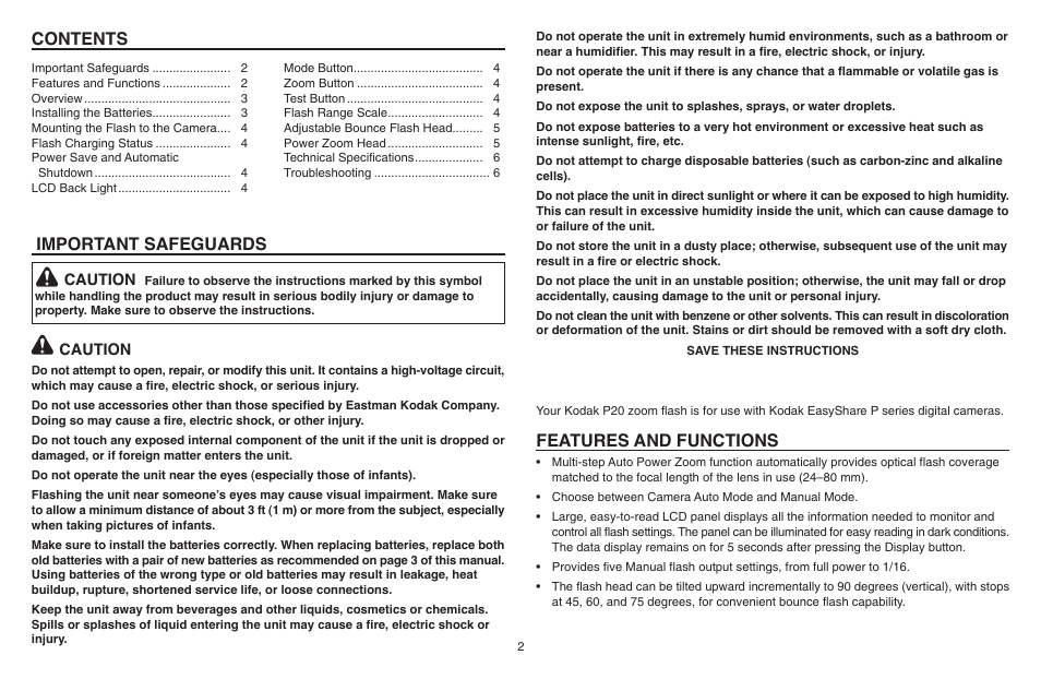 Contents important safeguards, Features and functions | Kodak P20 User Manual | Page 2 / 52