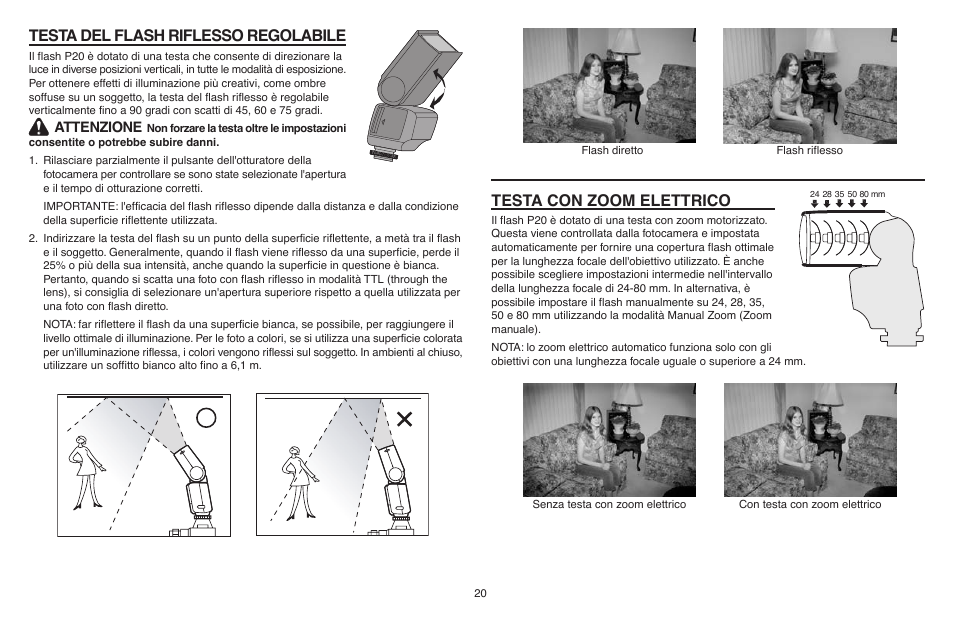 Testa del flash riflesso regolabile, Testa con zoom elettrico | Kodak P20 User Manual | Page 20 / 52